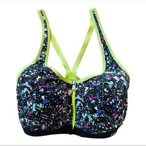 Victoria's Secret Black & Neon Splatter Design Knock Out Front-Close Sports Bra